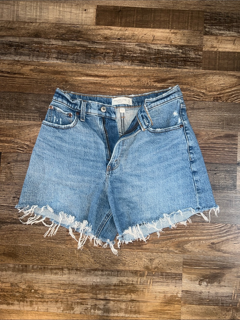 Abercrombie Curve Love High-Rise Frayed Hem Denim Dad Shorts